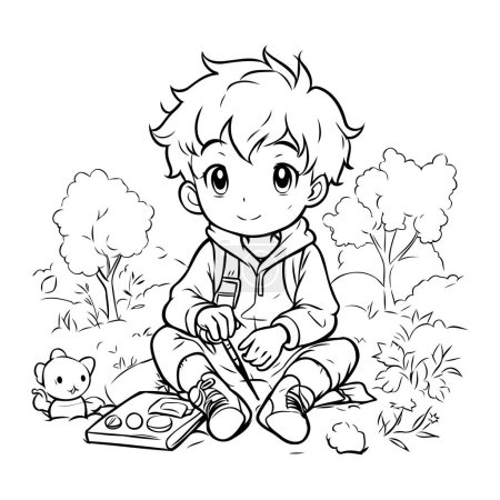 Illustration for Cute little boy sitting on the grass and playing with a mobile phone. Vector illustration. - Royalty Free Image