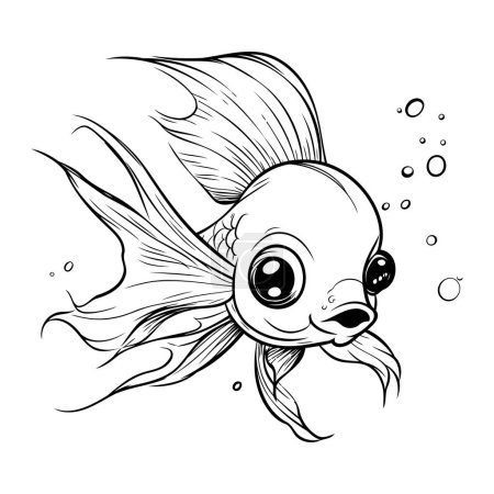 Téléchargez les illustrations : Illustration vectorielle en noir et blanc d'un poisson rouge nageant dans l'eau. - en licence libre de droit