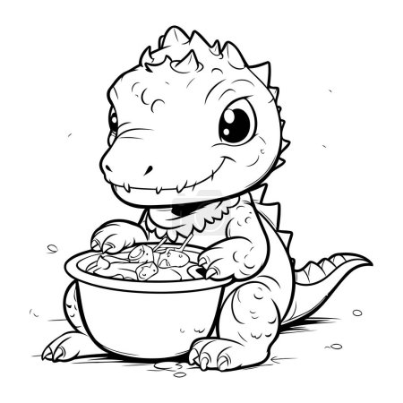 Ilustración de Lindo cocodrilo bebé con un tazón de comida. Ilustración vectorial. - Imagen libre de derechos
