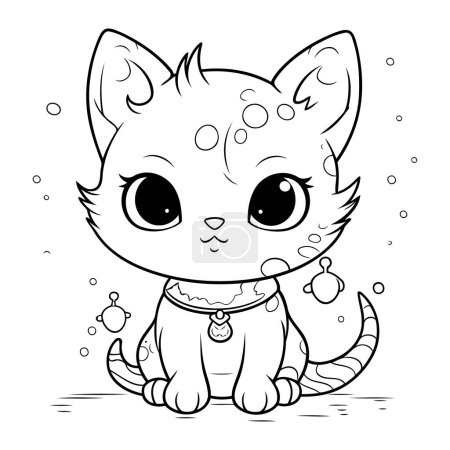 Téléchargez les illustrations : Illustration en noir et blanc d'un mignon petit chaton assis dans l'eau. - en licence libre de droit