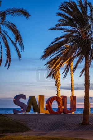 lettres colorées de la ville de Salou, palmiers et plage côtière, Catalogne, Espagne. Photo de haute qualité