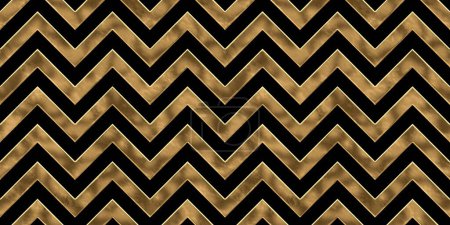 Seamless golden cheugy chevron zigzag pattern. Vintage abstract gold plated relief sculpture on black background. Modern elegant metallic luxury backdrop. Maximalist gilded wallpaper 3D rendering