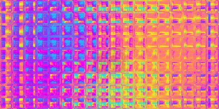 Foto de Inconsútil arco iris psicodélico heatmap vidrio cuadrado bloques refracción patrón fondo textura. Trippy hippy abstracto dopamina aderezo moda motivo. Fondo de pantalla brillante colorido neón retro - Imagen libre de derechos