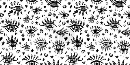 Cute hand drawn evil eye or third eye doodle tattoo flash sheet with star, heart, flower, spirals and tear drop good luck charms seamless pattern. Black and white playful kidult pen and ink drawing