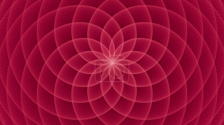 Abstrakte Viva Magenta PANTONE 18-1750 Farbe des Jahres 2023 heilige Geometrie Blume oder Stern Hintergrund. Dynamisches karminrotes Technologie-Banner. Fraktales Mandala 3D-Rendering