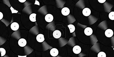 Téléchargez les photos : Pile sans couture ou pile de disques vinyle vintage noir LP avec des étiquettes blanches vierges. Fond de musique rétro des années 60, 70 ou 80, DJ disc jockey ou motif de fond concept de l'industrie de l'enregistrement. rendu 3D - en image libre de droit
