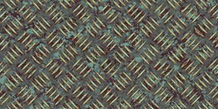 Seamless oxidized copper patina metal diamond plate grunge background texture. Vintage antique weathered worn corroded rusted bronze or brass abstract steampunk pattern. High resolution 3D rendering
