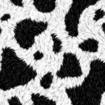 Seamless soft fluffy large mottled cow skin, dalmatian or calico cat spots camouflage pattern. Realistic black and white long pile animal print rug or fur coat fashion background texture 3D rendering
