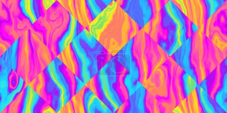 Foto de Inconsútil psicodélico arco iris mármol diamante mosaico patrón de textura de fondo. Trippy hippy abstracto geométrico dopamina aderezo estilo moda motivo. Fondo de pantalla de neón de colores brillantes o fondo retro - Imagen libre de derechos