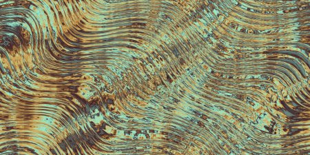 Seamless copper patina colored green and brown molten iridescent liquid or ribbed glass refraction waves background texture. High resolution abstract trippy psychedelic backdrop pattern. 3D rendering