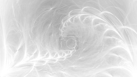 White abstract ethereal wispy smoke tendrils wallpaper background. Elegant minimal subtle light grey glowing smoky nautilus spiral swirls banner backdrop. Ghostly cosmic strings fractal 3D rendering