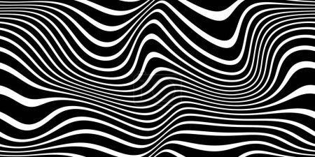 Nahtlos trippy psychedelischen welligen verzerrten Retro horizontalen Zebrastreifen Muster. Vintage Vaporwave-Ästhetik der 70er und 80er Jahre. Schwarz und weiß horizontal surreal marmoriert wonky Linien Hintergrund Textur