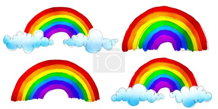 Photo for Colorful rainbow and clouds hand drawn watercolor crayon children's drawings isolated on white background. Playful nursery clipart, LGBTQ pride or diversity concept design elements collection - Royalty Free Image