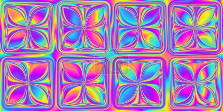 Foto de Inconsútil arco iris psicodélico flores cuadrados de vidrio patrón de textura de fondo. Trippy hippy abstracto geométrico dopamina aderezo estilo moda motivo. Fondo de pantalla brillante colorido neón retro - Imagen libre de derechos