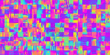 Foto de Seamless psychedelic rainbow thermal infrared heatmap mosaic square tiles pattern background texture. Trippy hippy abstracto azulejos geométricos dopamina estilo moda motivo. Fondo de pantalla de neón de colores brillantes o fondo retro - Imagen libre de derechos