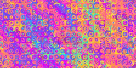 Foto de Inconsútil arco iris psicodélico remolino mosaico cuadrado patrón fondo textura. Trippy hippy abstracto geométrico dopamina aderezo estilo moda motivo. Fondo de pantalla de neón de colores brillantes o fondo retro - Imagen libre de derechos