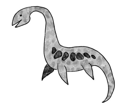 Elasmosaurus ou Plésiosaure dessiné à la main noir et blanc haut contraste silhouette de dinosaure d'eau clipart isolé sur fond blanc. Aquarelle et crayon dessin animé mignon art bébé conception dino