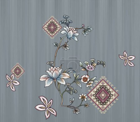 Photo for Textile digital design motif pattern decor hand made artwork frame gift card wallpaper women cloth ornament abstract border rug ethnic ikat etc new semi bold flower designs with geomatrical working - Royalty Free Image