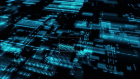 Digitale Datenbank Cyberspace. Entschlüsselungsalgorithmen hackten Software. Cyber-Sicherheit mit beweglichen blauen Teilchen. Visualisierung von Big Data. 3D-Darstellung.