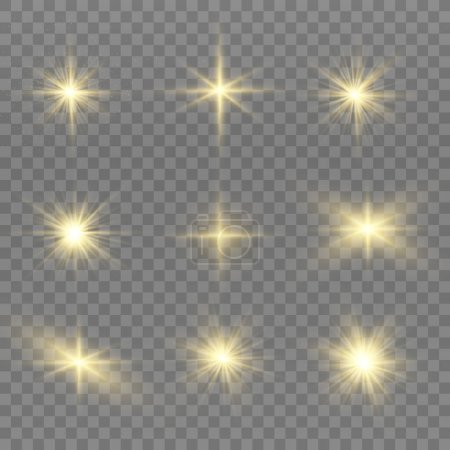 Téléchargez les illustrations : Les étincelles de poussière et les étoiles dorées brillent avec une lumière spéciale. Le vecteur scintille sur un fond transparent. Effet lumière de Noël. Poussière magique étincelante particules intérieur vecteur de stock - en licence libre de droit