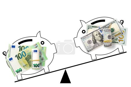 Téléchargez les photos : 100 US dollars and 100 euros banknotes on scales. Euro and dollar rate concept. Top view of the scale with dollar and euro - en image libre de droit