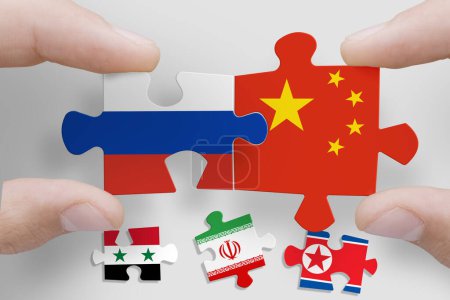 Photo for Puzzle made from flags of Russia, China, Syria, Iran and North Korea. Russia and China relations and military collaboration - Royalty Free Image