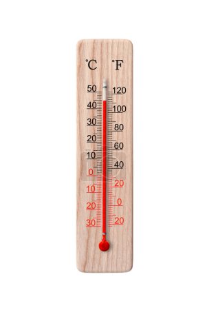Photo for Wooden celsius and fahrenheit scale thermometer isolated on a white background. Ambient temperature plus 45 degrees - Royalty Free Image