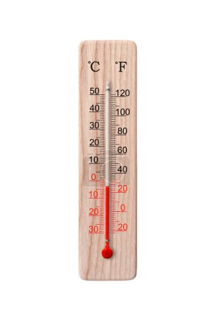 Photo for Wooden celsius and fahrenheit scale thermometer isolated on a white background. Ambient temperature minus 3 degrees - Royalty Free Image