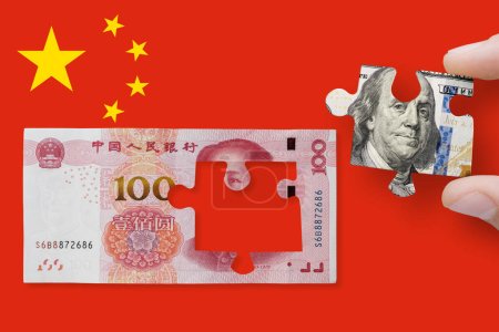 Photo for 100 yuan note on a China flag background with 100 dollar - Royalty Free Image