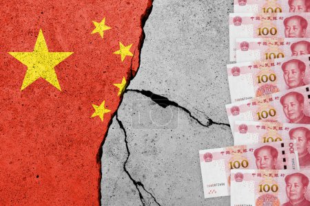Photo for One hundred yuan notes on a cracked concrete background. China finance, real estate and debt crisis. China economic collapse - Royalty Free Image