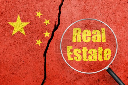 Photo for China flag painted on a cracked concrete background. China finance, real estate and debt crisis. China economic collapse. Word REAL ESTATE view through magnifying glass - Royalty Free Image