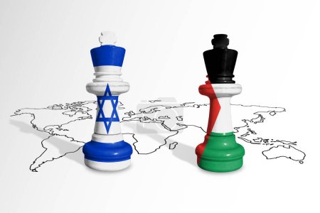 Téléchargez les photos : Chess made from Israel and Gaza drapeaux sur une carte du monde. Gaza et Israël conflit - en image libre de droit