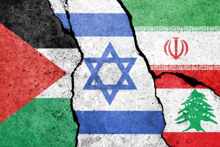 Flag of Palestine, Israel, Iran and Lebanon painted on the concrete wall. Gaza and Israel conflict. Terrorist organizations hezbollah and hamas