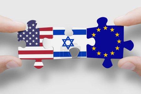 Téléchargez les photos : Puzzle fabriqué à partir de drapeaux des États-Unis, d'Israil et de l'UE. Soutien mondial Israil - en image libre de droit