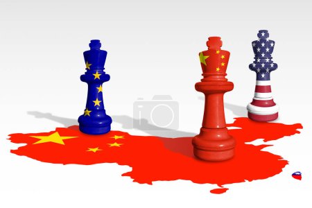 Photo for Chess made from China and EU, USA flags. Europe Union, USA and China relations - Royalty Free Image