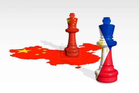 Chess made from China and Philippine flags on a China map. China and Philippine conflict
