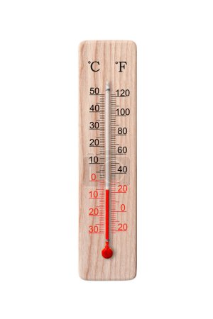 Photo for Wooden celsius and fahrenheit scale thermometer isolated on a white background. Ambient temperature minus 5 degrees - Royalty Free Image