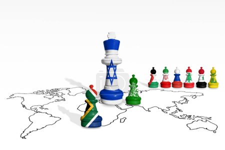 Téléchargez les photos : Chess made from Israel, EU, USA, Palestine, Iran, Russia, Lebanon, Syria, Hezbollah, South Africa Republic and Hamas flags on a world map. - en image libre de droit