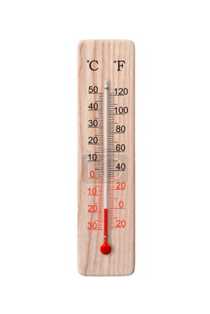 Wooden celsius and fahrenheit scale thermometer isolated on a white background. Ambient temperature 18 degrees
