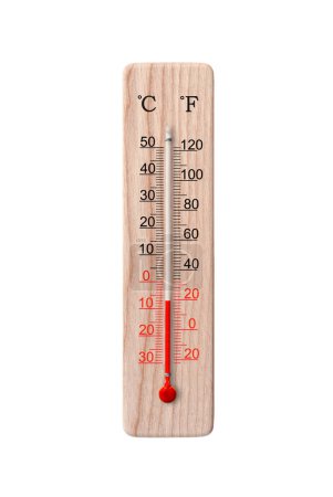 Wooden celsius and fahrenheit scale thermometer isolated on a white background. Ambient temperature minus 7 degrees