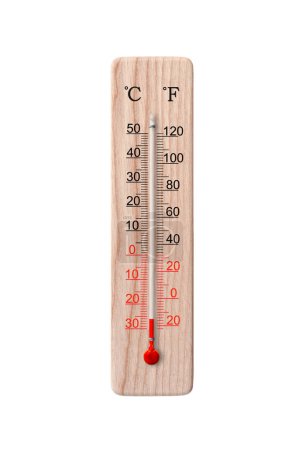 Wooden celsius and fahrenheit scale thermometer isolated on a white background. Ambient temperature minus 26 degrees