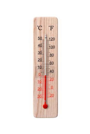 Wooden celsius and fahrenheit scale thermometer isolated on a white background. Ambient temperature plus 1 degrees