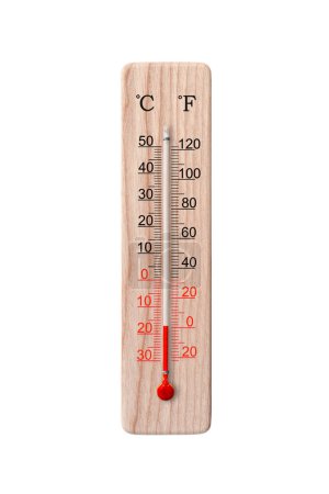 Wooden celsius and fahrenheit scale thermometer isolated on a white background. Ambient temperature minus 17 degrees