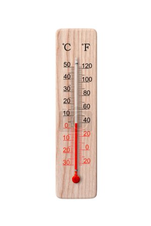 Wooden celsius and fahrenheit scale thermometer isolated on a white background. Ambient temperature plus 4 degrees