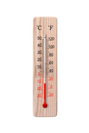 Wooden celsius and fahrenheit scale thermometer isolated on a white background. Ambient temperature minus 11 degrees