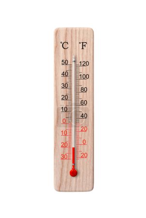 Wooden celsius and fahrenheit scale thermometer isolated on a white background. Ambient temperature minus 20 degrees