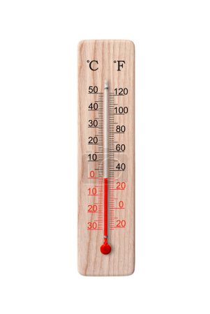 Wooden celsius and fahrenheit scale thermometer isolated on a white background. Ambient temperature zero degrees