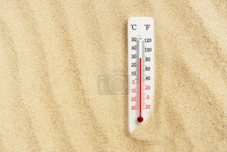 Hot summer day. Celsius and fahrenheit scale thermometer in the sand. Ambient temperature plus 30 degrees