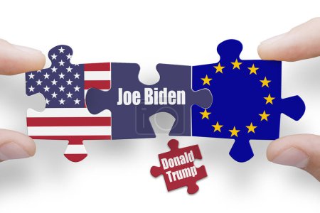 Foto de Puzzle hecho de Estados Unidos de América y banderas de Eu - Imagen libre de derechos
