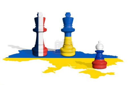 Schach aus Frankreich, der Ukraine und Russland auf einer ukrainischen Flaggenkarte. 